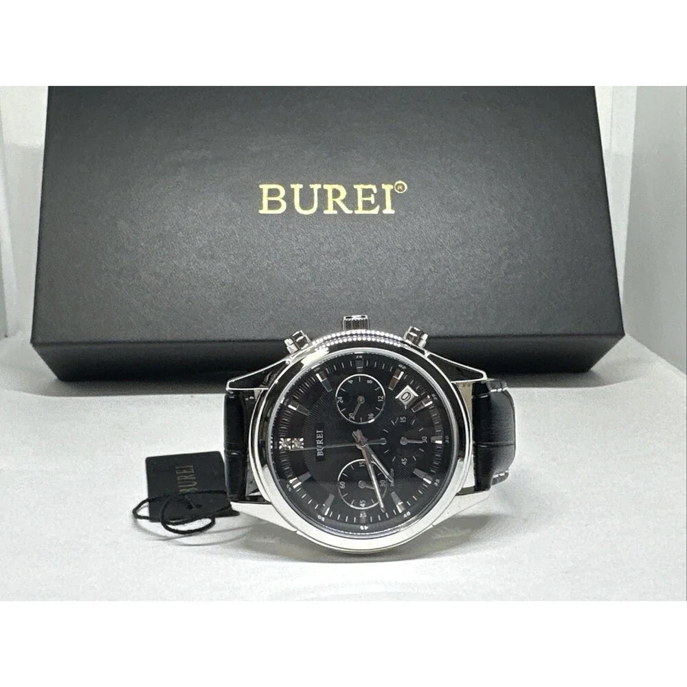 Burei S-17005M Men's Black Leather Strap Analog Dial Quartz Wrist Watch XOB29